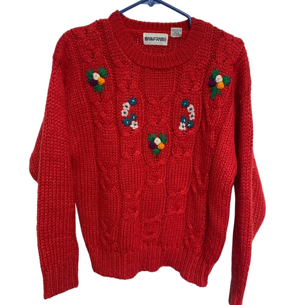 Mainframe Vintage Women’s Red Floral Embroidered Acrylic Knit Sweater Size M
